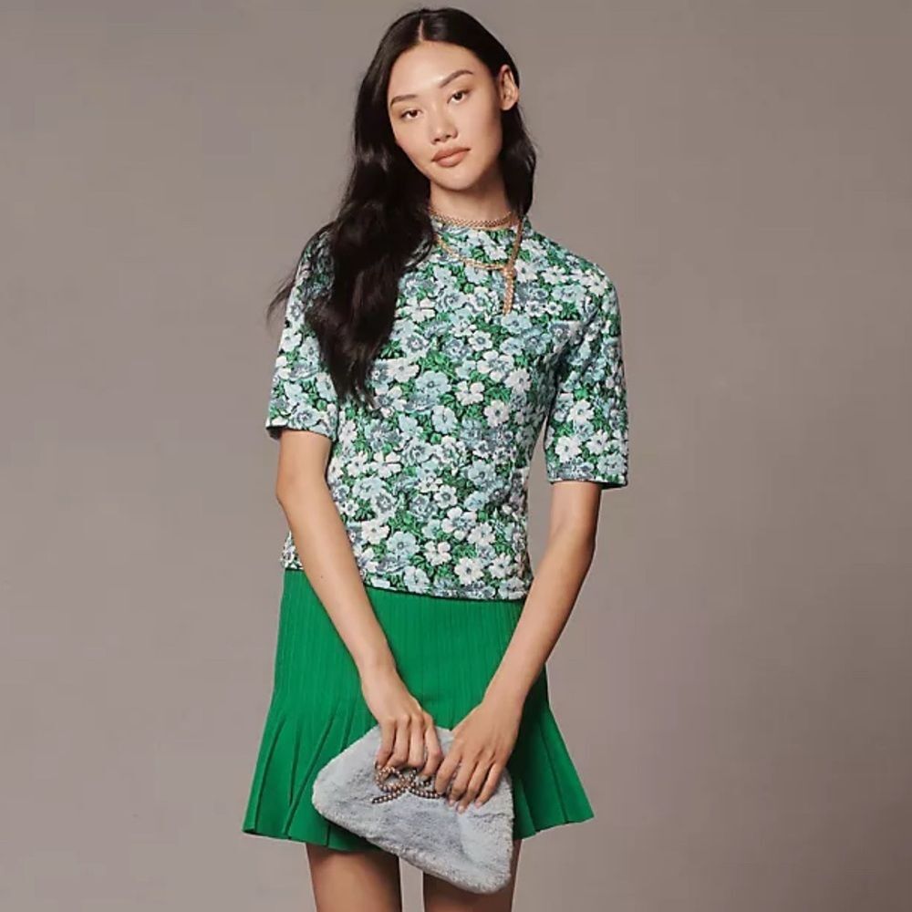 Anthropologie Maeve Short-Sleeve Mock-Neck Jacquard Top Green Blue Size xs